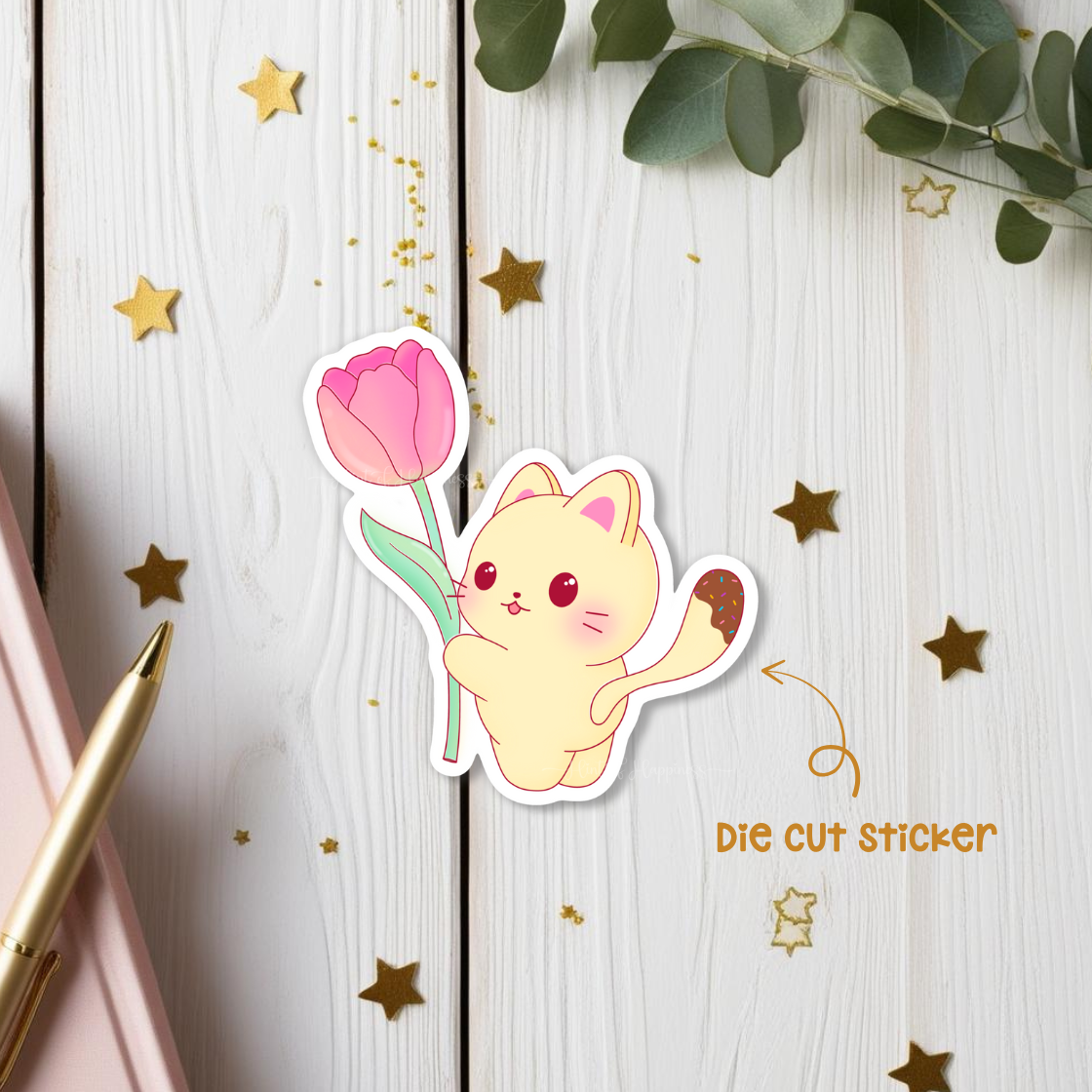 Cat with Tulip Die Cut Sticker
