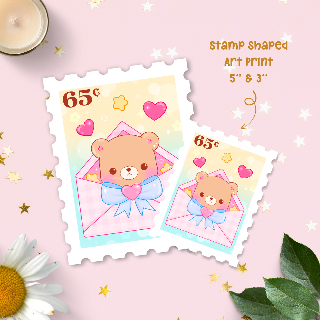 Cute Postage Stamp Art Print - Bear in Pink Envelope