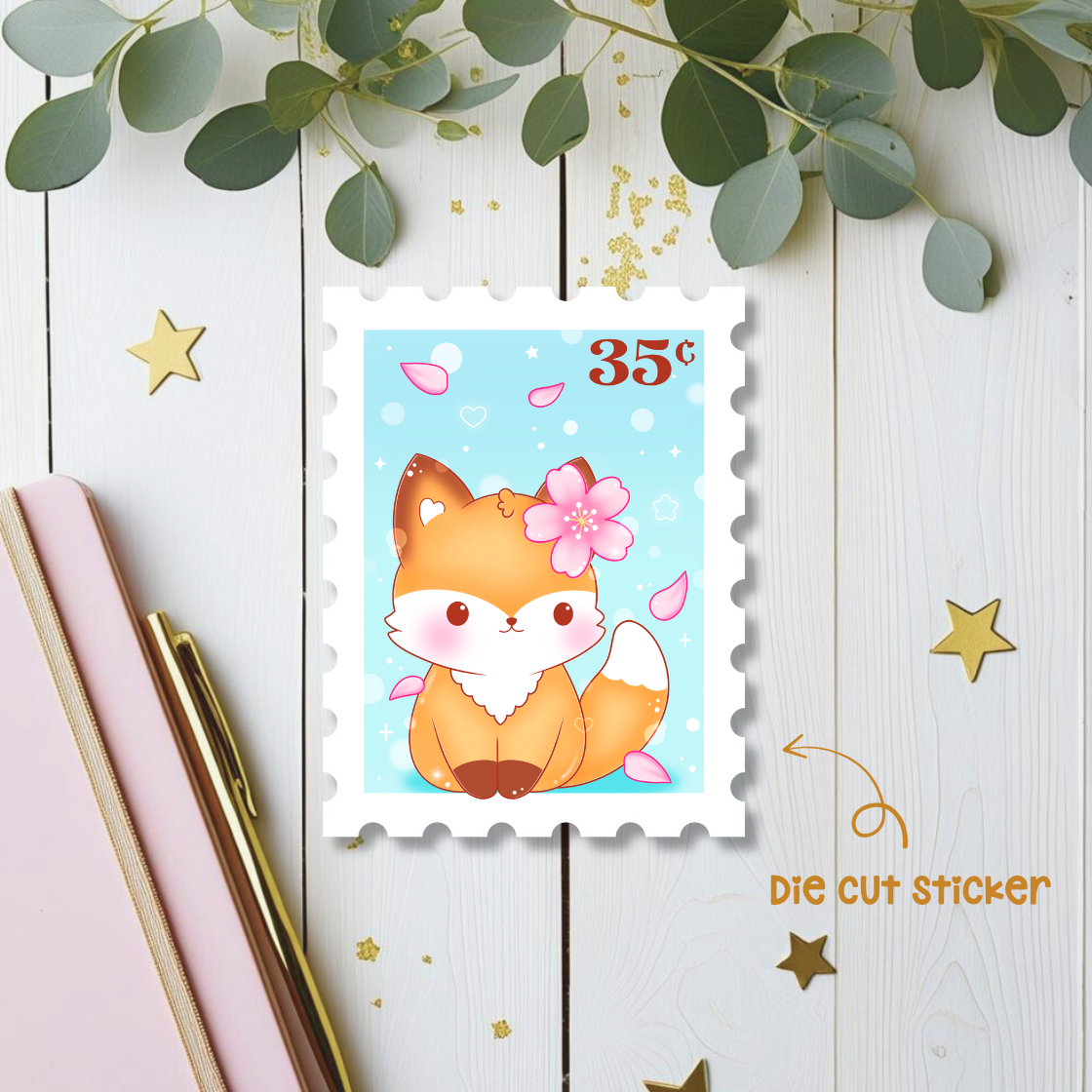 Cherry Blossom Fox Stamp Die Cut Sticker