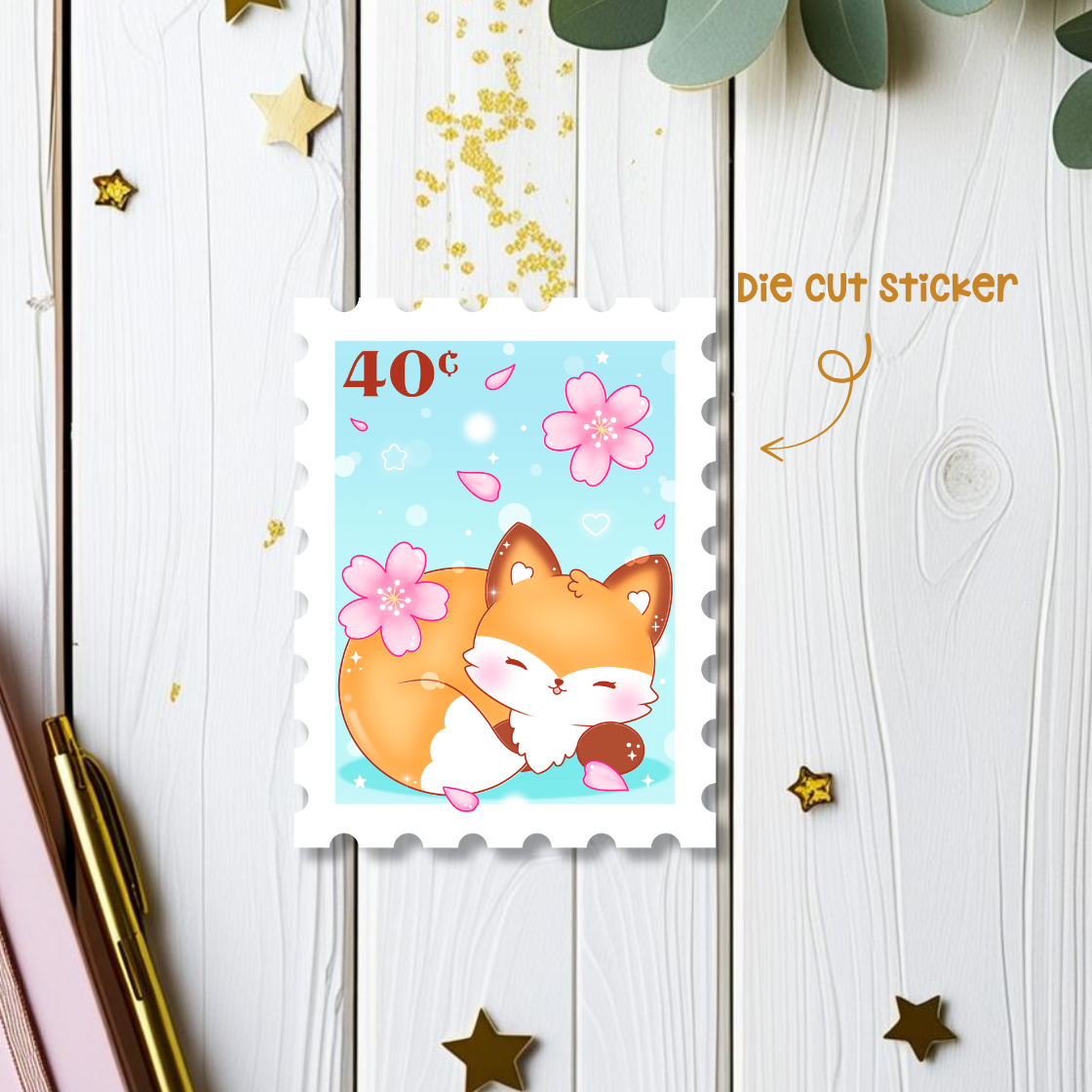 Cherry Blossom Fox Stamp Die Cut Sticker