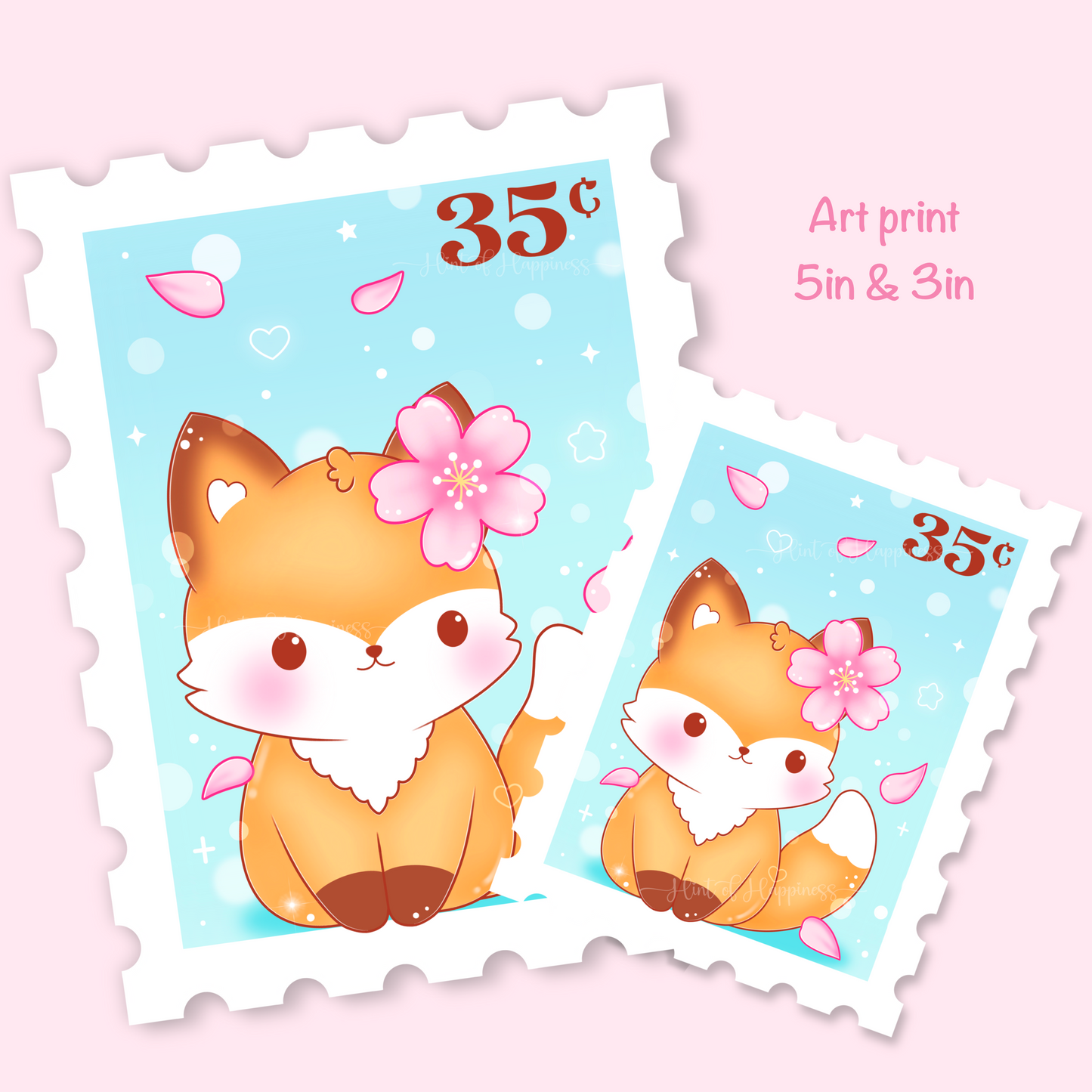Cute Postage Stamp Art Print - Fox & Cherry Blossoms