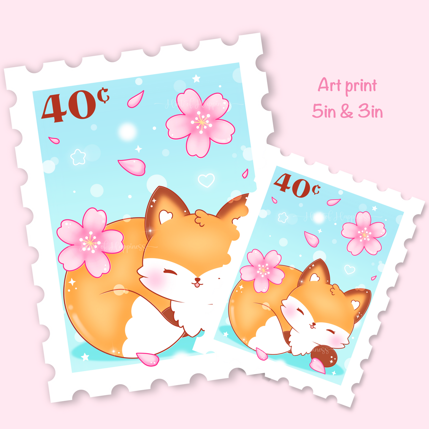 Cute Postage Stamp Art Print - Fox & Cherry Blossoms