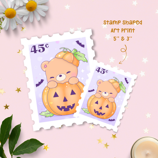 Cute Postage Stamp Art Print- Pumpkin Bear