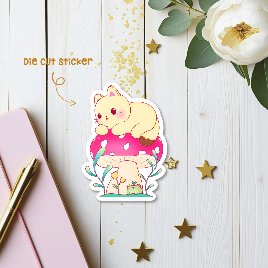 Cat on Mushroom Die Cut Sticker