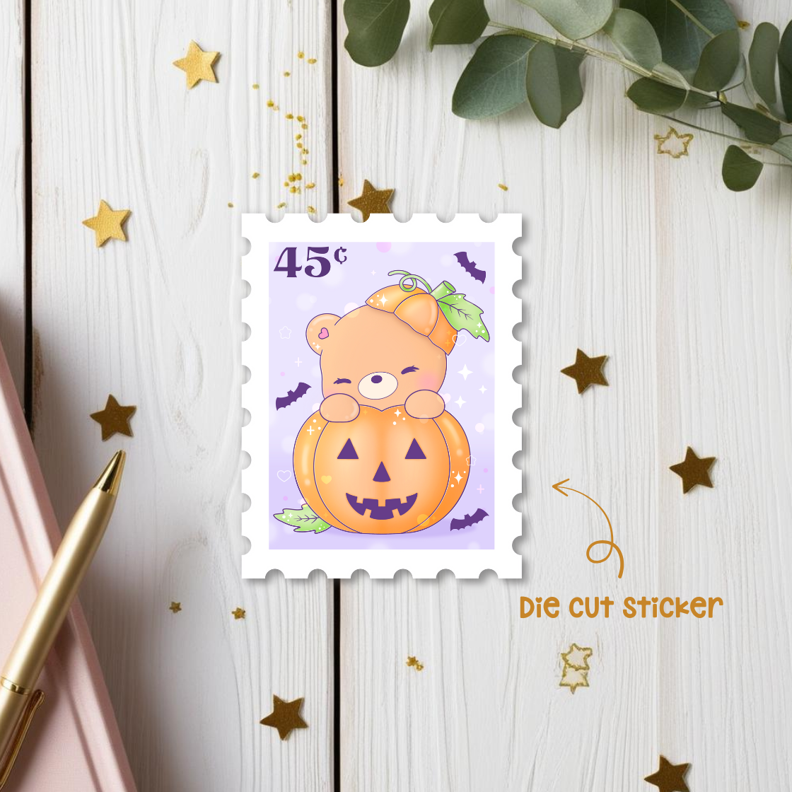 Pumpkin Bear Stamp Die Cut Sticker