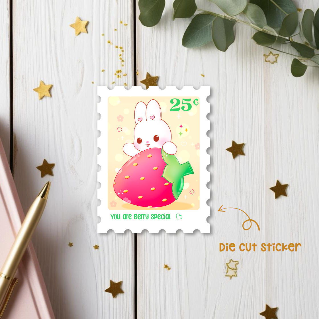 Strawberry and Bunny Stamp Die Cut Sticker