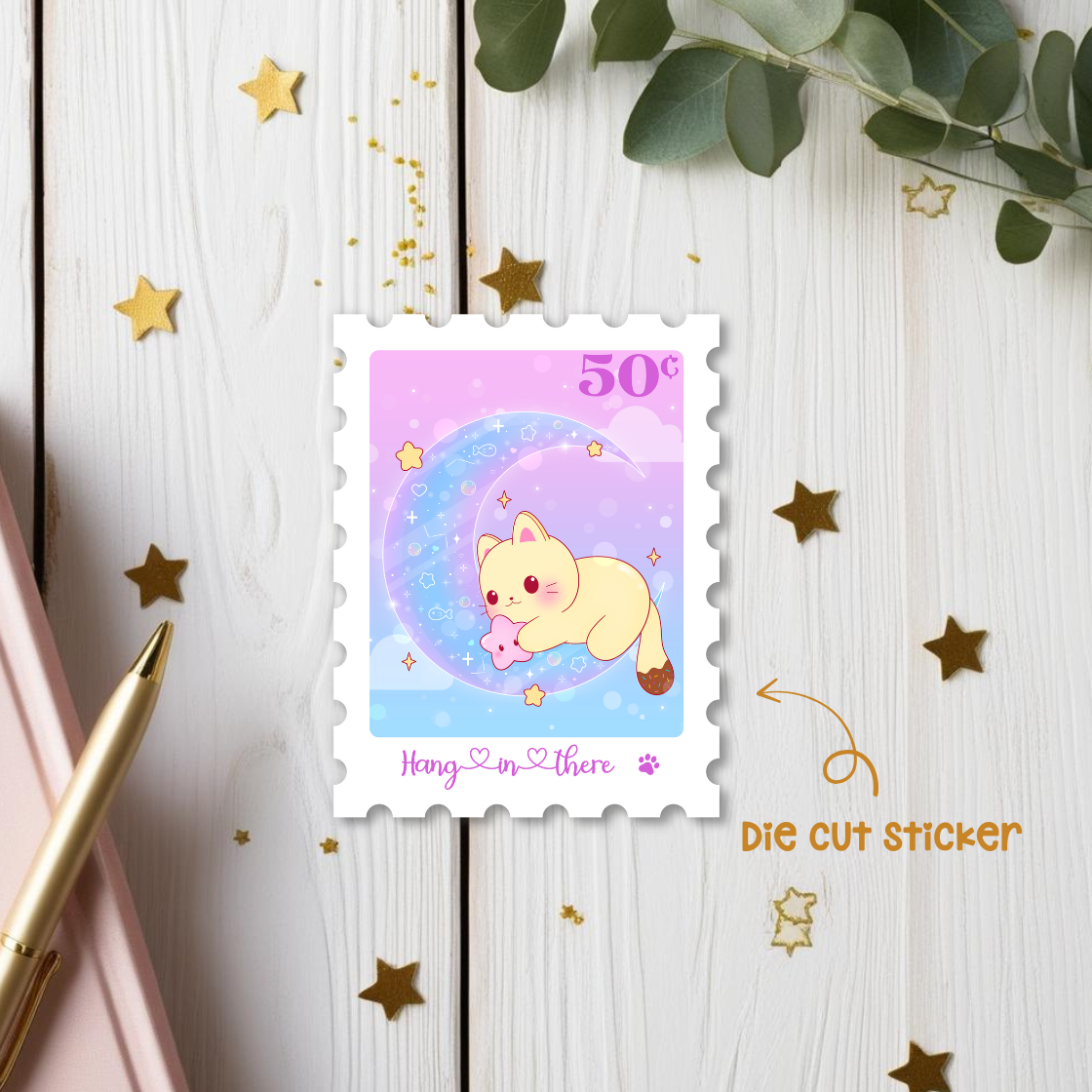 Cat on Cristal Moon  Stamp Die Cut Sticker