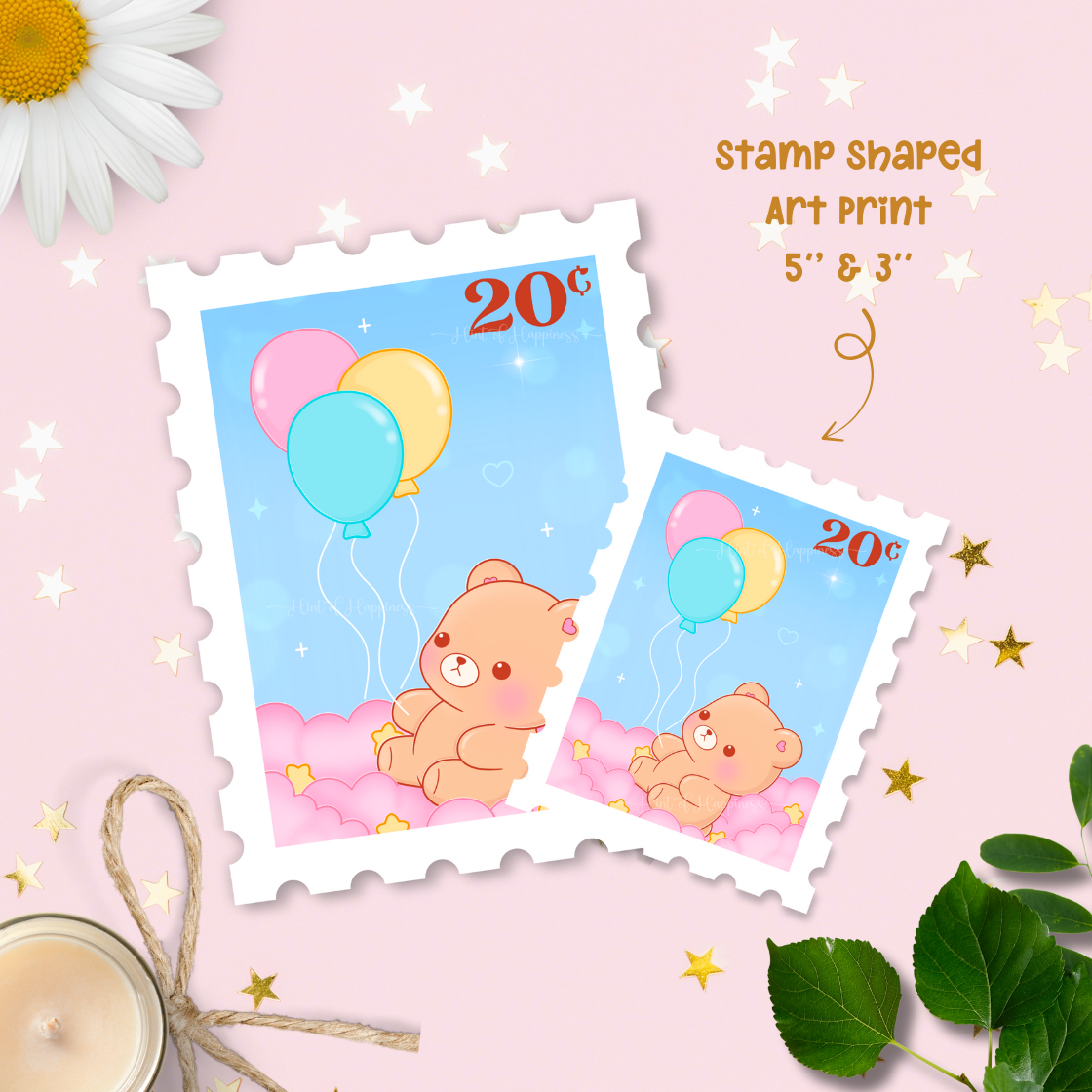 Cute Postage Stamp Art Print - Bear with Balloons