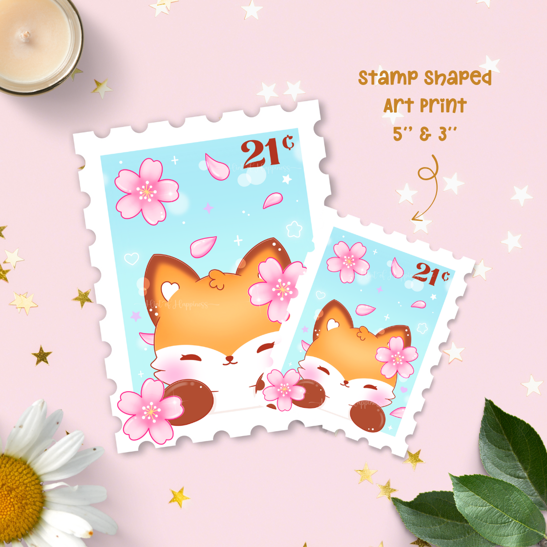 Cute Postage Stamp Art Print - Fox & Cherry Blossoms