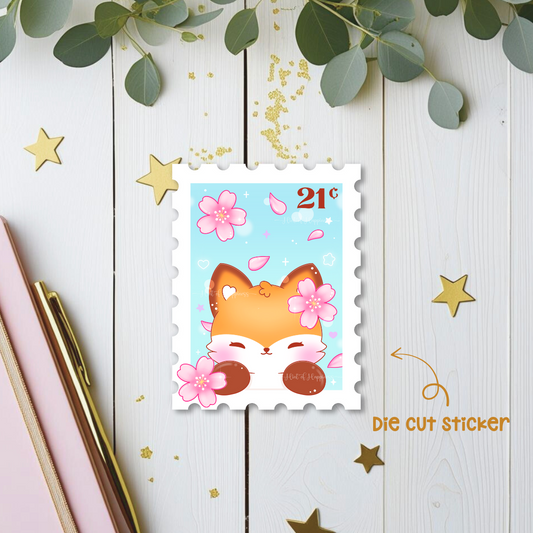 Cherry Blossom Fox Stamp Die Cut Sticker