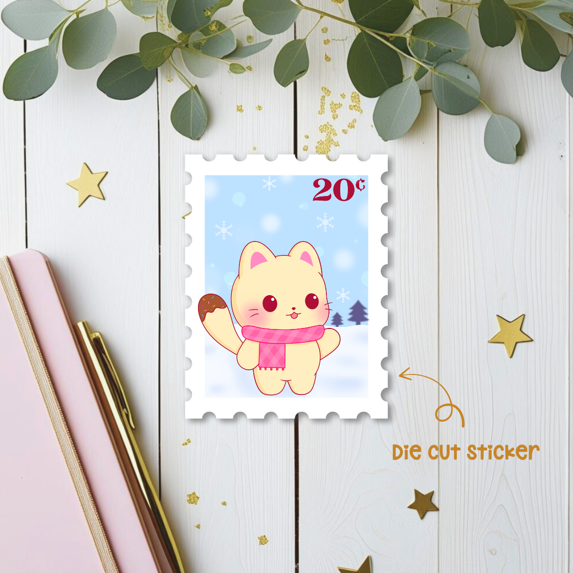 Cat on Snow Stamp Die Cut Sticker