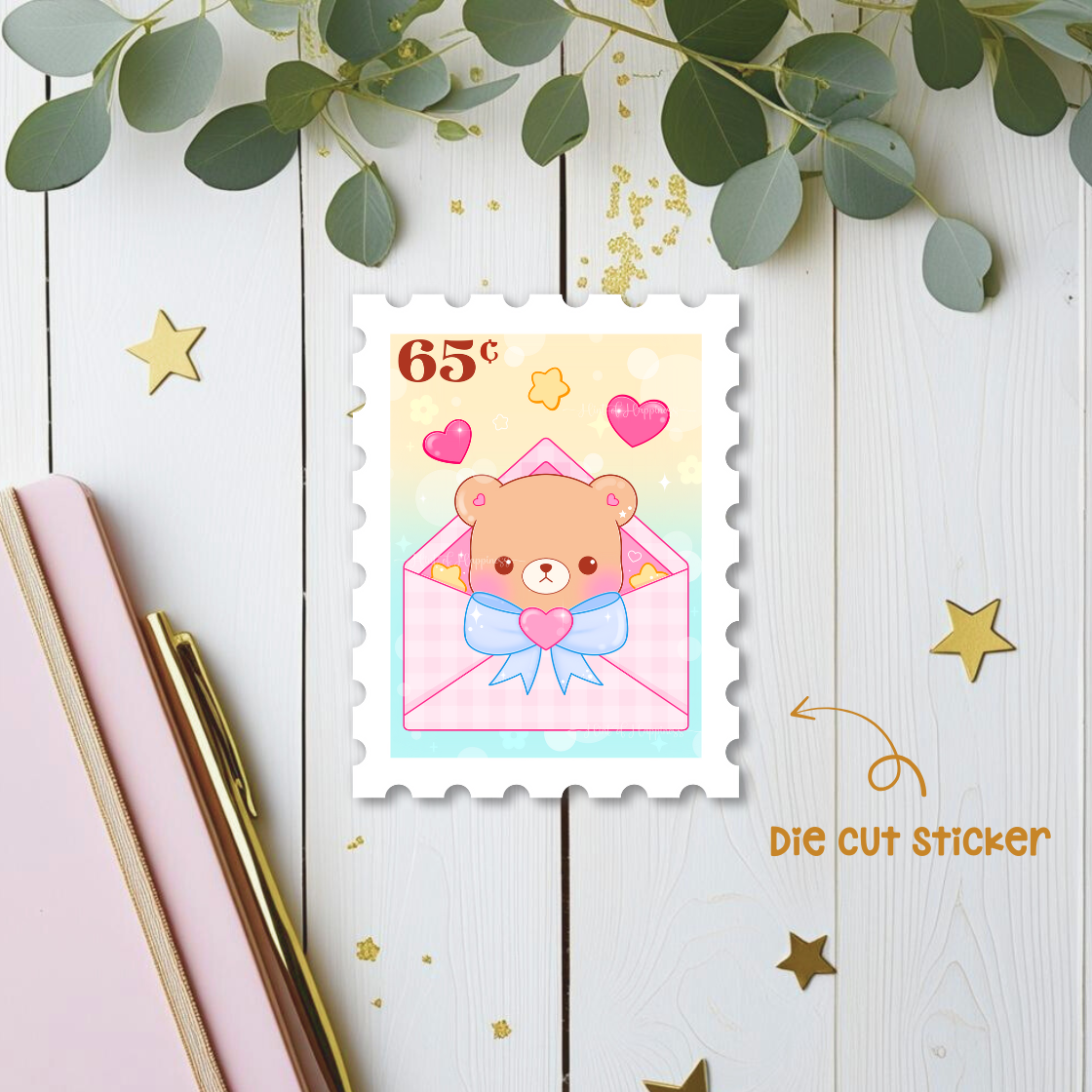 Bear with Pink Envelope Stamp Die Cut Sticker