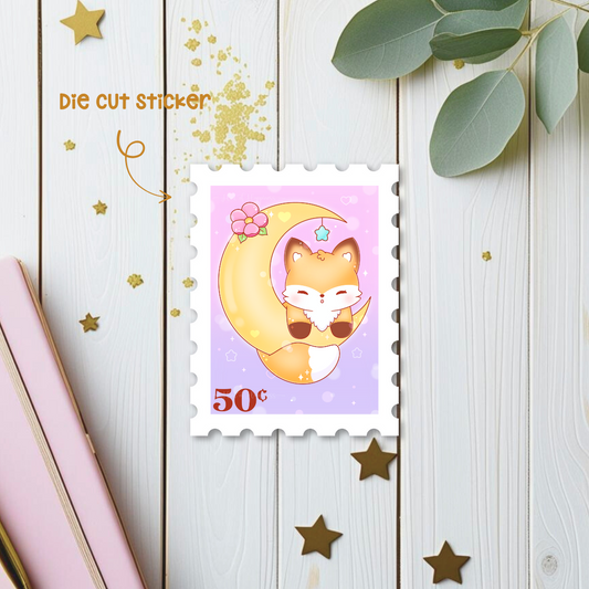 Fox on Moon Stamp Die Cut Sticker