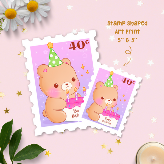 Cute Postage Stamp Art Print - Birthday Bear