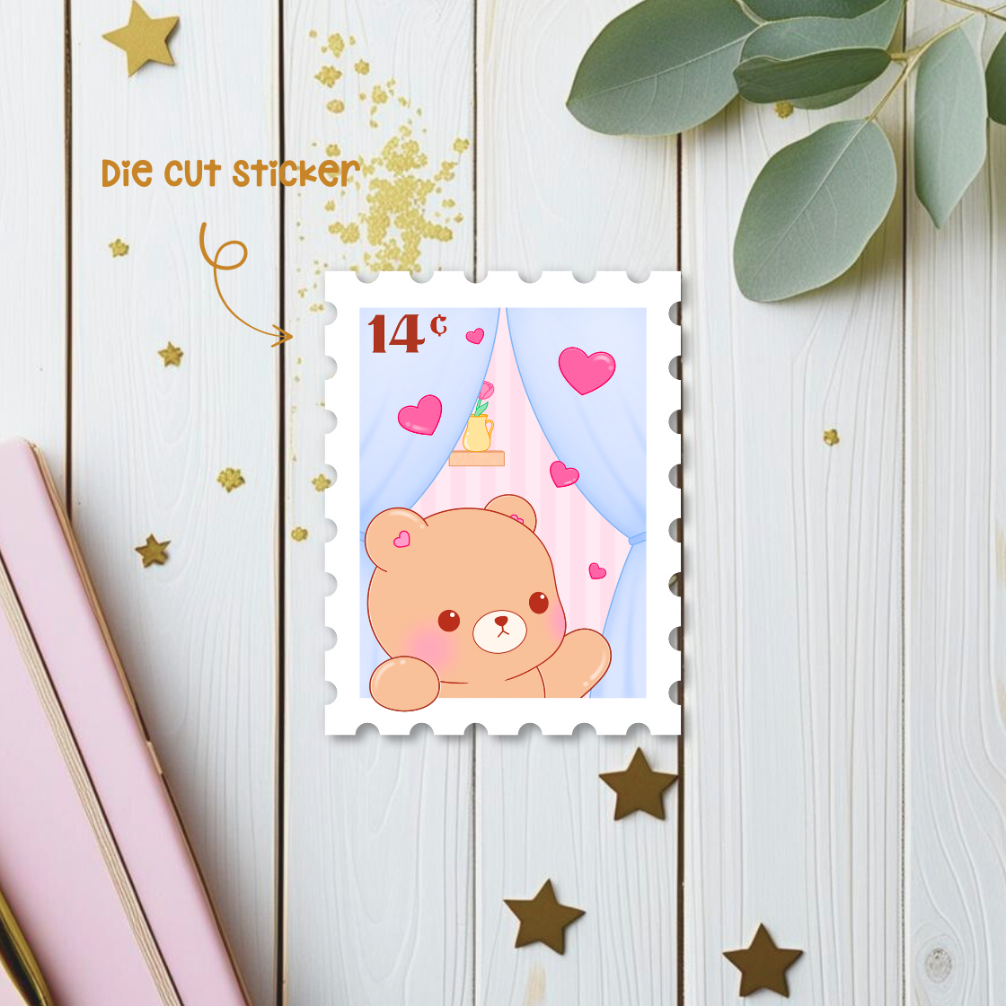 Valentine Bear Stamp Die Cut Sticker