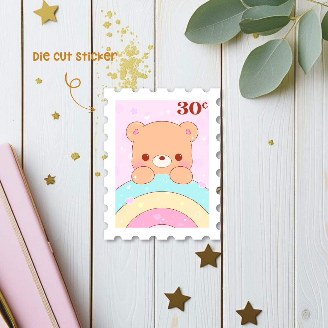 Rainbow Bear Stamp Die Cut Sticker