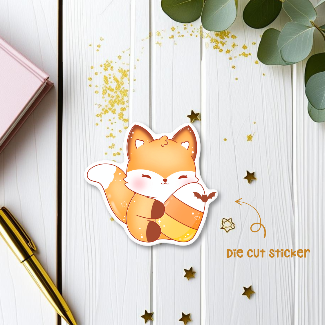 Fox with Candy Corn Halloween Die Cut Sticker