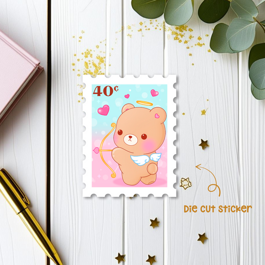 Cupid Bear Stamp Die Cut Sticker