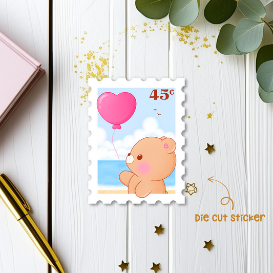 Bear with Heart Balloon Stamp Die Cut Sticker