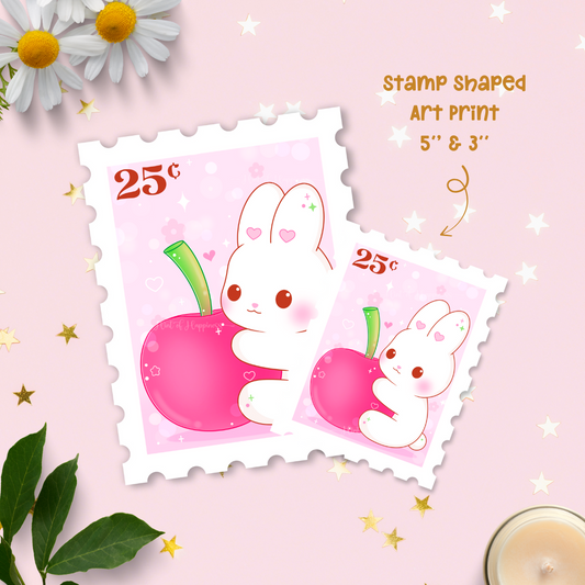 Cute Postage Stamp Art Print - Cherry Bunny