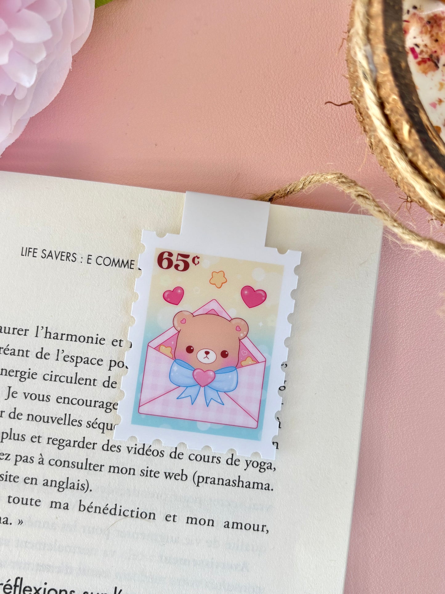 Cute Magnetic Bookmark - Bear in Pink Envelope Stamp