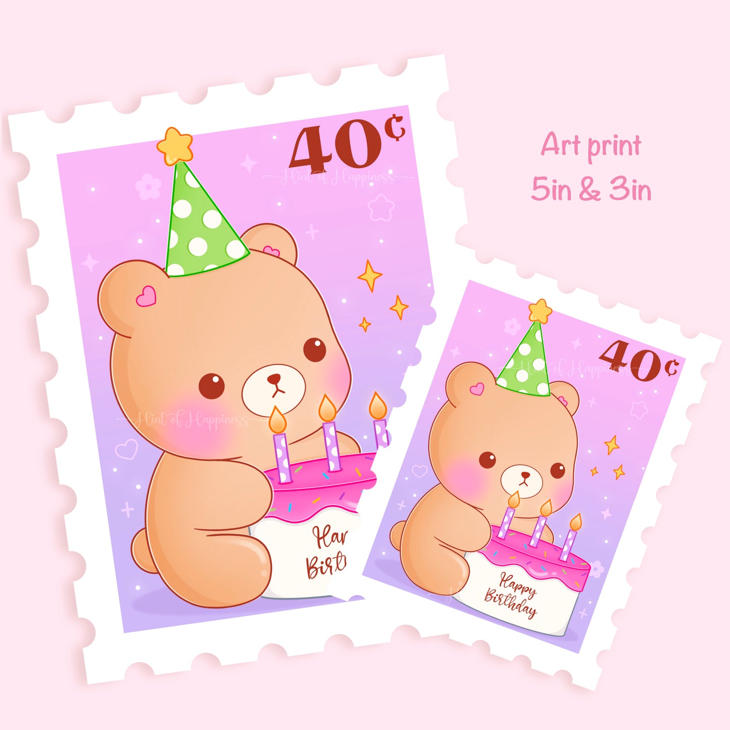Cute Postage Stamp Art Print - Birthday Bear