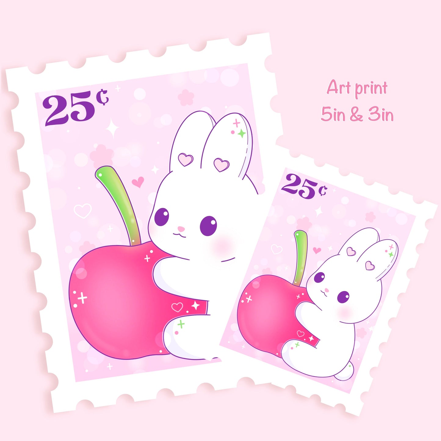 Cute Postage Stamp Art Print - Cherry Bunny